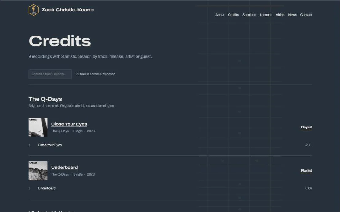 Credits page listing the releases Zack has played on, with a search box