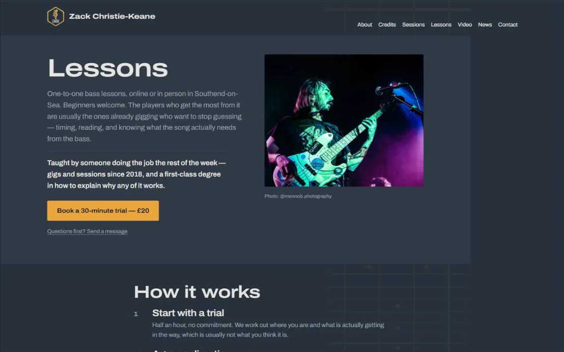 Lessons page for one-to-one bass lessons in Southend-on-Sea and online