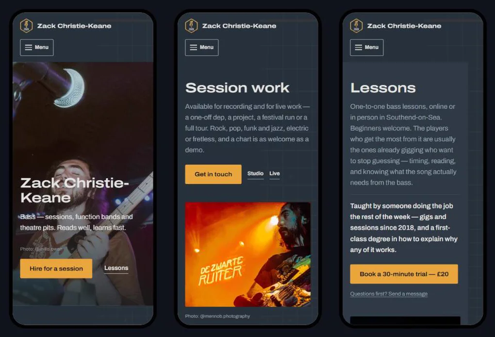 The site on mobile: homepage, session work and lessons pages