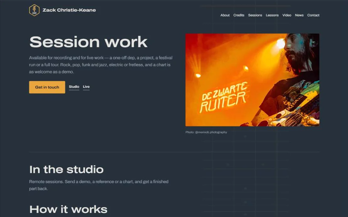 Session work page offering studio recording and live hire