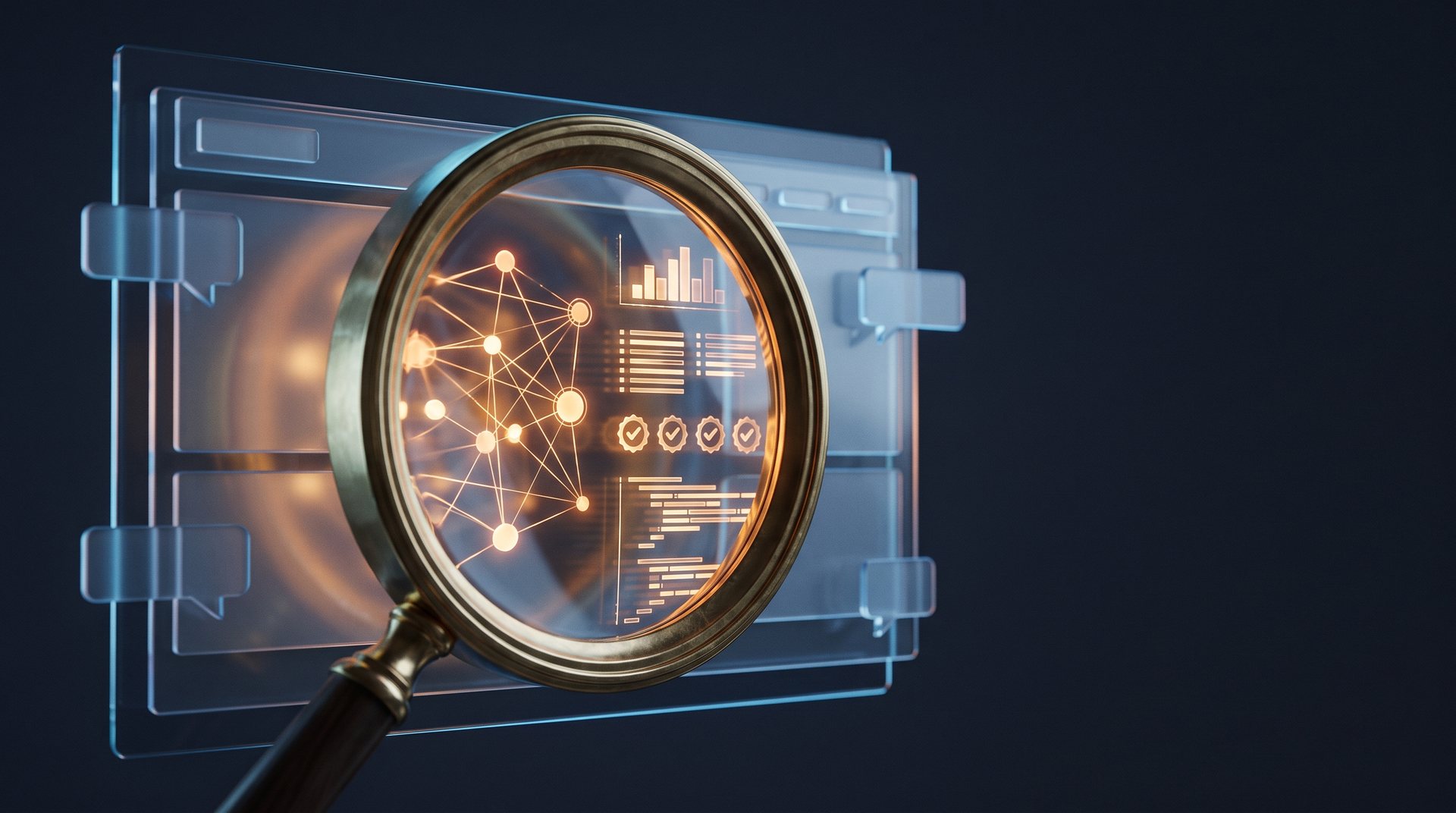 A brass magnifying glass over a glass website mock-up, revealing a glowing knowledge graph, structured data and verification ticks beneath the generic surface.